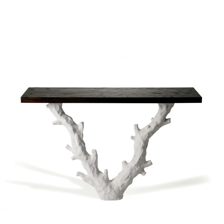 Porta Romana I Twig Console Table Plaster White With Dark Fumed Oak Top
